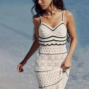 Elegant Crochet Maxi Dress in Cream and Black